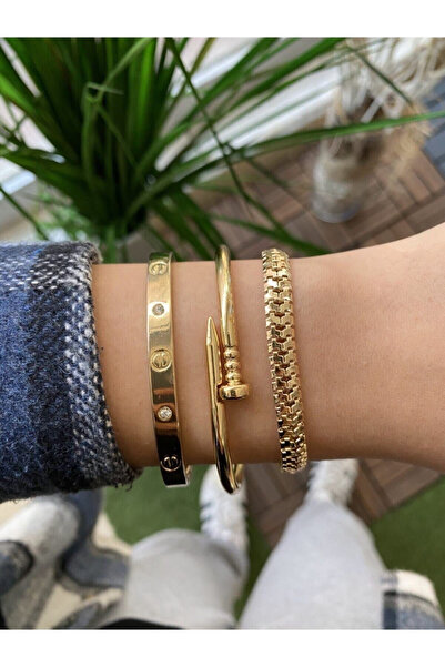 Vitastyle Altın Renk Kadın 3’lü Kombin Çivi Tırtıl Zirkon Taş Detaylı Bilekli...