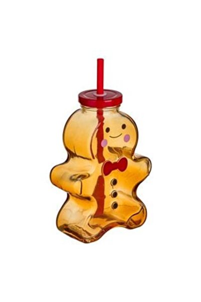 SHOPIENS Brown Glass Cup with Straw in Gingerbread Man Shape 420 ml