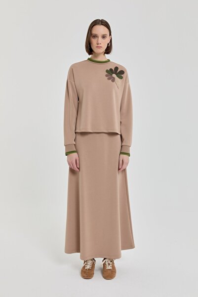 Nihan Nakış Detaylı Örme Etek Bluz Takım Camel