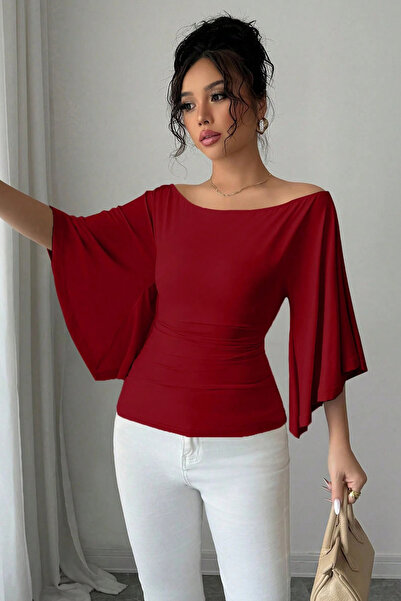 COOL TARZ Women's White Boat Neck Flare Sleeve Draped Fit Blouse