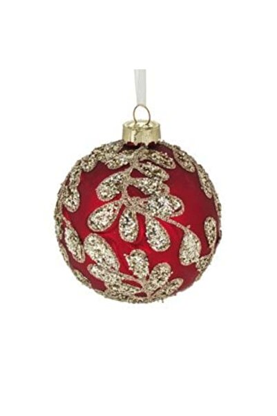 SHOPIENS Glob de Crăciun din sticlă roșie mată cu sclipici bej/șampanie Ø10 cm