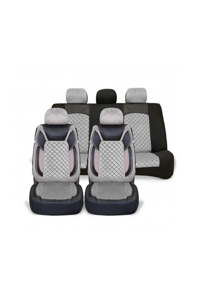 OEM Set huse scaune auto universale piele ecologica neagra cu velur gri fata-...