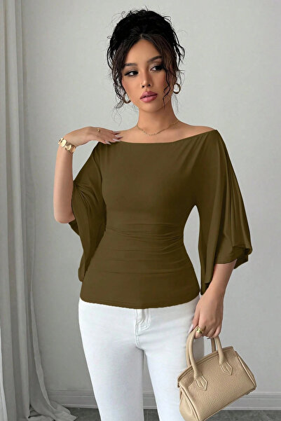 COOL TARZ Women's White Boat Neck Flare Sleeve Draped Fit Blouse