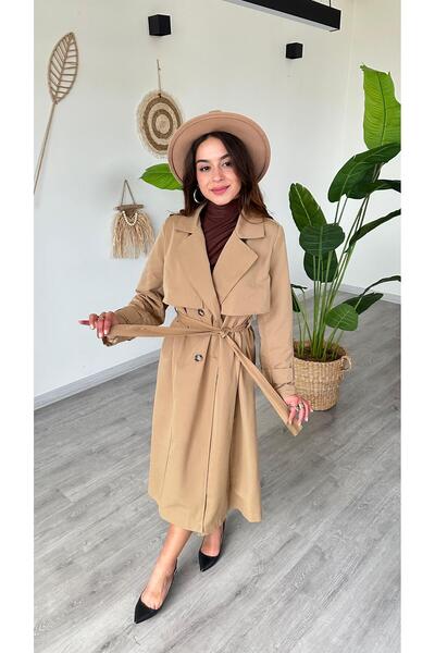 modadagiyim Women's Double-Breasted Collar Waist-Tied Belted Premium Trench Coat