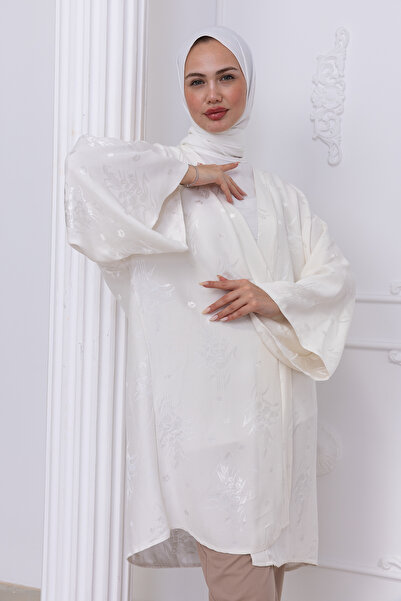 sedadenizstore Kadın Beyaz Jakarlı Kimono - Şık ve Zarif Dökümlü Kap Modeli