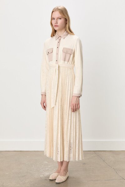 Nihan Gömlek Yaka Kuşaklı Dantel Elbise Ekru