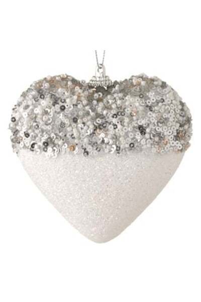 SHOPIENS Ornament de Crăciun pentru brad - Inimă din spumă albă cu mărgele ar...