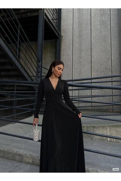 Modafeminen Double-Breasted Collar Long Sleeve Slit Maxi Length Evening Dress583036 Black