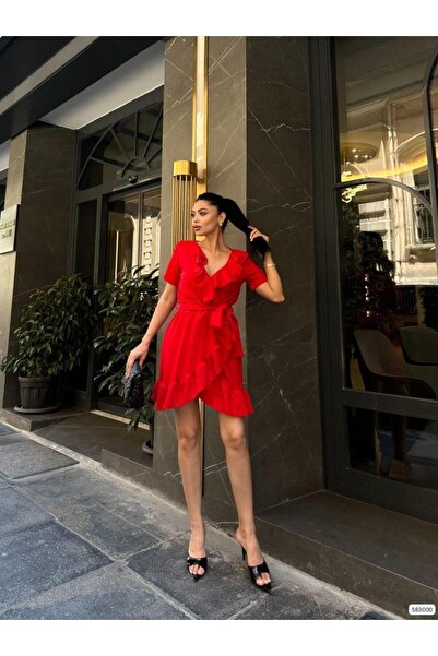 Modafeminen Scuba Crepe Belted V-Neck Short Dress Midi Length Dress 583000 Red