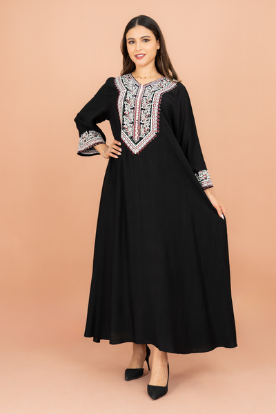 IKKXA جلابية كلاسيكية سادة مطرزة من الأمام والأكمام