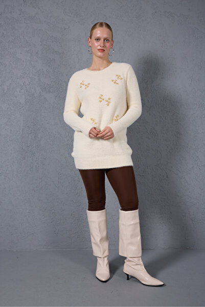 Moda Days Women's Ecru Beard Yarn Beaded Embroidered Crew Neck Knitwear Sweater