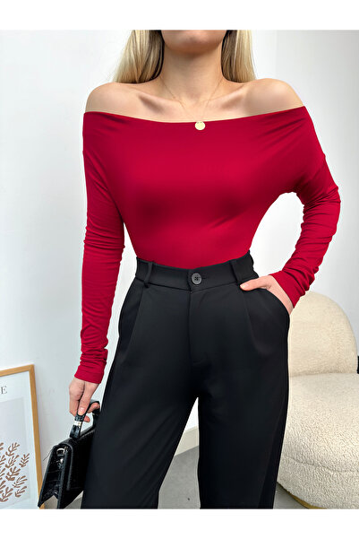 MELA ROSSA بلوزة نسائية طويلة الأكمام من الفيسكوز بدون أكتاف باللون العنابي