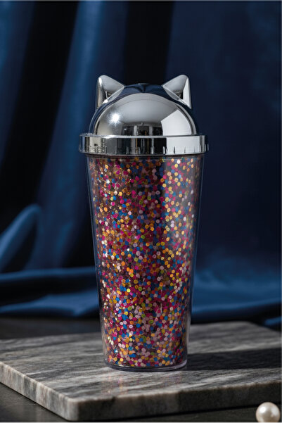 M&B WATER BOTTLE Kedi Tasarımlı Pipetli Bardak - 500 ml Plastik Su ve Meşruba...