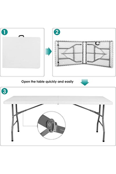 Türkiye Folding Dining Table 6ft Plastic, Portable w/Handle, Fold-in-Half, White, 183 x 76 x 73 cm