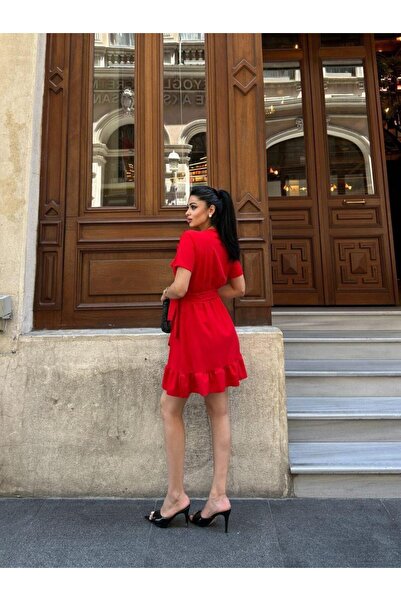 Modafeminen Scuba Crepe Belted V-Neck Short Dress Midi Length Dress 583000 Red