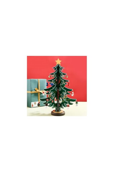 Aca Brad de Crăciun 3D cu 30 de ornamente din lemn, roșu/verde