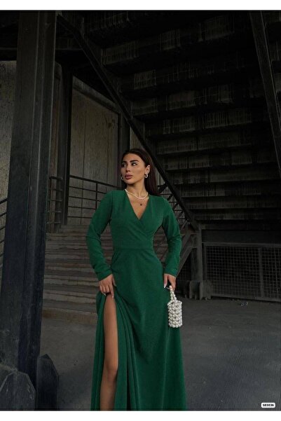 Modafeminen Double-Breasted Collar Long Sleeve Slit Maxi Length Evening Dress 583036 Emerald