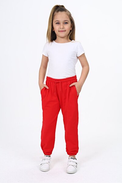 Toontoy بنطال رياضي أساسي للفتيات باللون الأحمر مطبوع مع جيوب وحزام مطاطي عند...