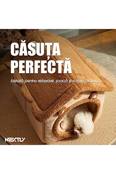 NEXTLY Pet Oasis Mini House with Removable Roof and Cushion, Non-Slip Base, 30cm, Brown