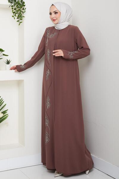 hafsamina Plus Size Leaf Stone Mother Dress Brown Hm2350