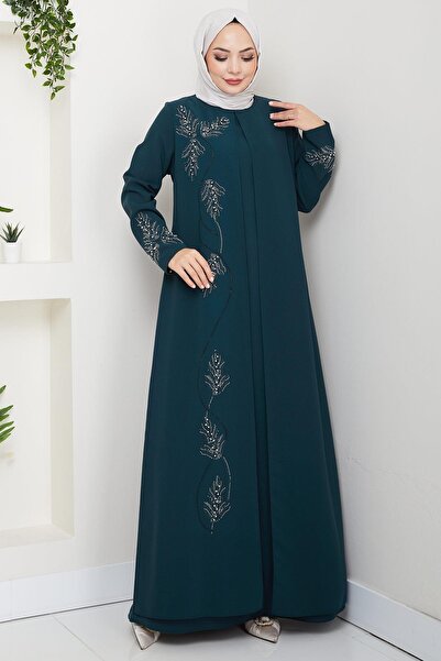 hafsamina Plus Size Leaf Stone Mother Dress Emerald Hm2350