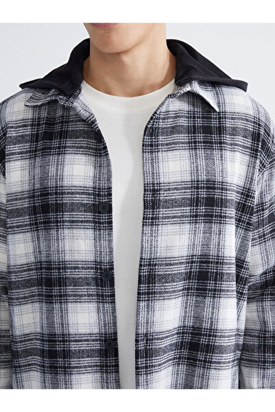 LC Waikiki Μαύρο με κουκούλα μακρυμάνικο καρό ανδρικό πουκάμισο με κανονική εφαρμογή