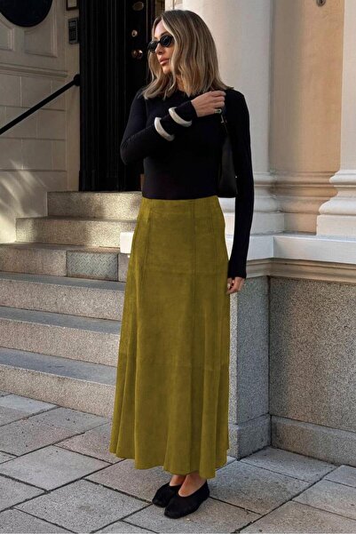 Madmext Oil Green Suede Long Skirt Mg2549