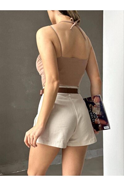 Modafeminen Crepe Fabric Neck Tie Detailed Strap Crop Blouse 582455 Beige