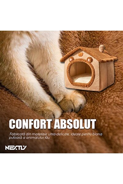 NEXTLY Pet Oasis Mini House with Removable Roof and Cushion, Non-Slip Base, 30cm, Brown