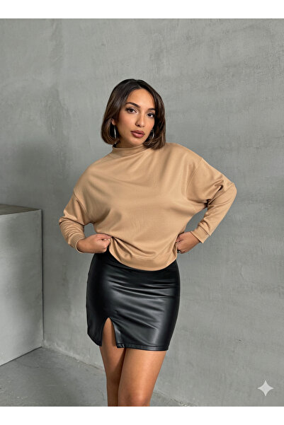 Look Forward Women's Milk Coffee Interlock Fabric D Mock Neck Bat Sleeve Blouse