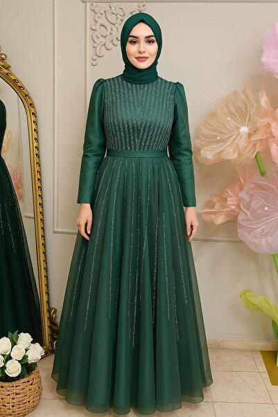 KADİR KORKMAZ GİYİM Kabarık Taşlı Prenses Model Tesettür Abiye Elbise