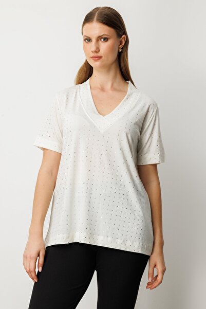 ON V Yaka Taş İşlemeli Bluz