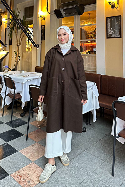 LOCCO Women's Pocket Detailed Medium Length Cashmere Brown