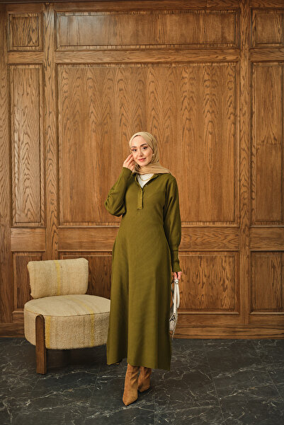 LOCCO Women's Hidden Button Detailed Dress Oil Green