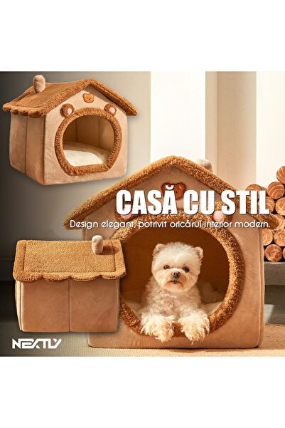 NEXTLY Pet Oasis Mini House with Removable Roof and Cushion, Non-Slip Base, 30cm, Brown