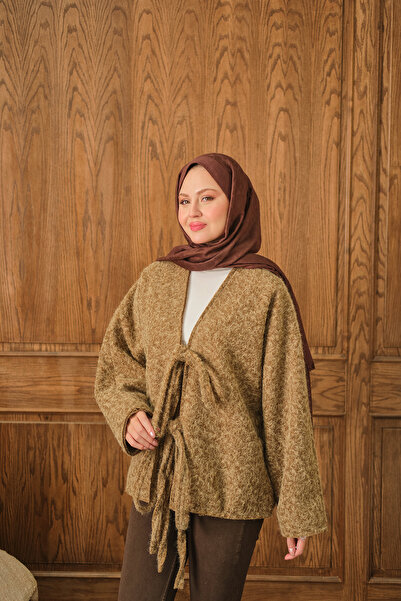 LOCCO Kadın Ön Bağlamalı Buklet Kumaş Ceket Hardal