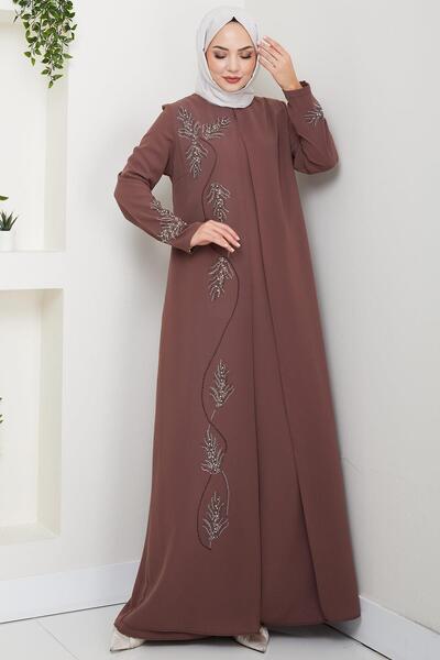 hafsamina Plus Size Leaf Stone Mother Dress Brown Hm2350