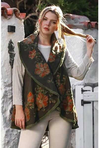 MODEL İtalyan haki yeşil şal yaka kolsuz kapamasız cepsiz süzene nakışlı kaşe dokuma yelek