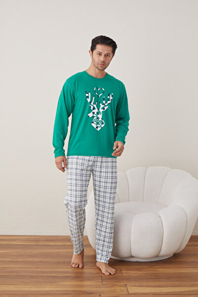 Serena Men's Christmas pajamas, green blouse and white checked pants, "Oh Deer" print