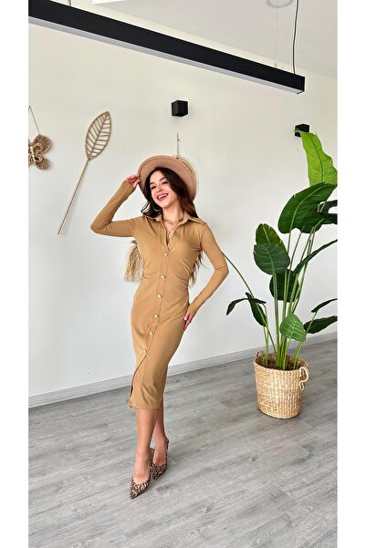 modadagiyim Shirt Collar Buttoned Slit Long Sleeve Midi Very Stylish Dress