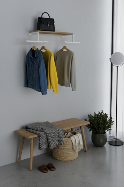 Grandmix Ahşap Raflı Giysi Askısı Metal Askılı Duvar Rafı