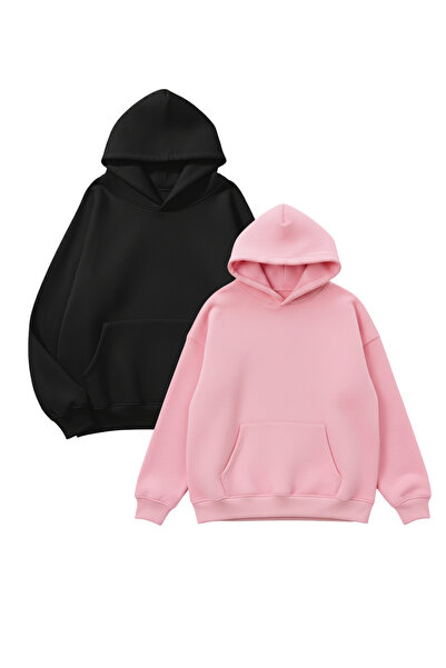 uyguntarz Унисекс розово-черно 2-компонентно пакетно предложение 3-нишко прекалено голямо суитшърт