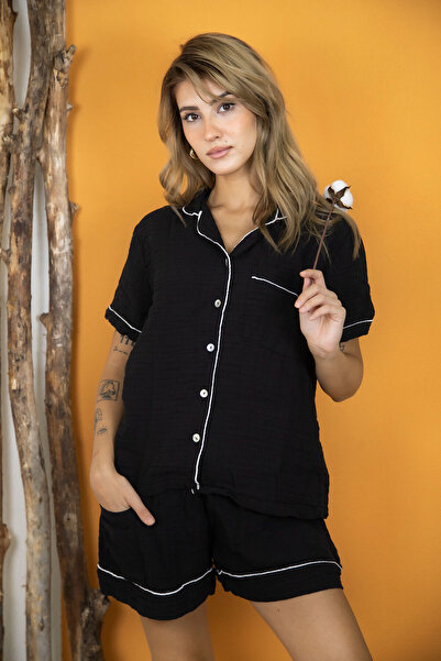 VAROL bumbac 100% Set de pijamale și îmbrăcăminte pentru acasă pentru femei din muselină – negru