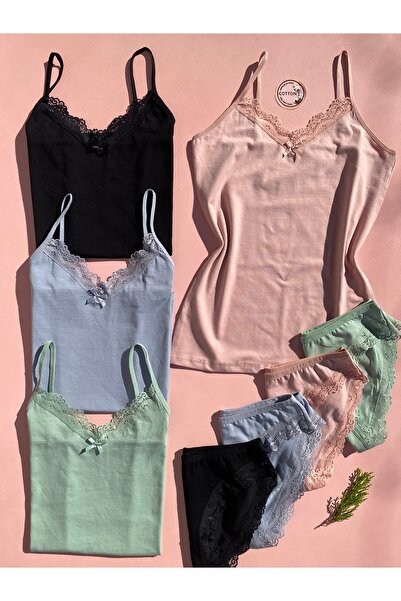 LEYNA BUTİK Women's Cotton Stretch Fabric Lace V-Neck 4-Piece Green, Black, Powder, Blue String Strap Undershirt and Panties Set