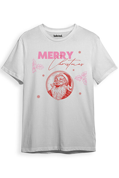 beloved.co 100% Cotton Regular Fit Unisex T-Shirt with Santa Claus Drawing and Pink Text Merry Christmas Design