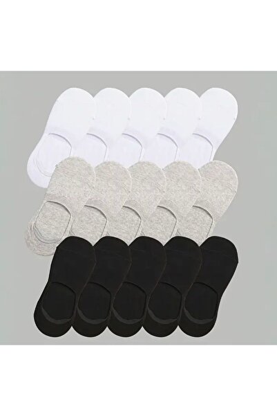 Vast 15-Piece Set of Stitch-Free Cotton Combed Cotton Silicone Women's and Men's Ballerinas (5 Pairs White, 5 Pairs Black, 5 Pairs Gray)