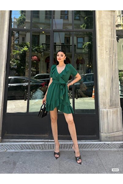 Modafeminen Scuba Krep Kuşaklı V Yaka Kısa Elbise Midi Boy elbise 583000 Zümrüt
