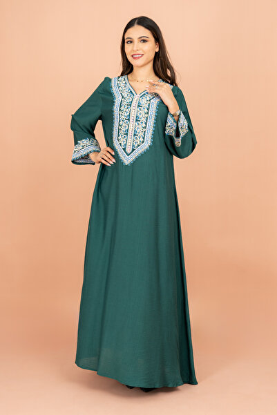 IKKXA جلابية كلاسيكية سادة مطرزة من الأمام والأكمام