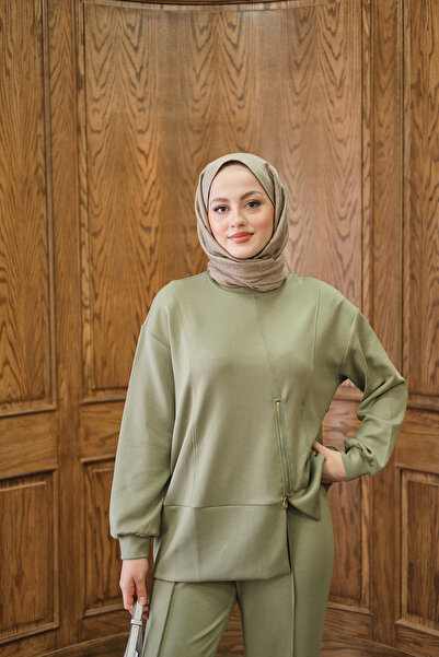 LOCCO Women's Zipper Detail Two-Piece Set Green