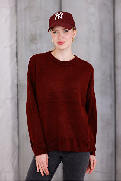 Moda Değirmeni Πλεκτό πουλόβερ με λαιμόκοψη μπορντό oversized MD1191-313-0003